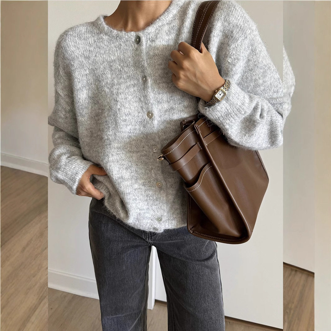 Womens Vintage Grey Wool Cardigan Soft Knit Versatile Button Closure Casual Wear Fall Winter Wholesale
