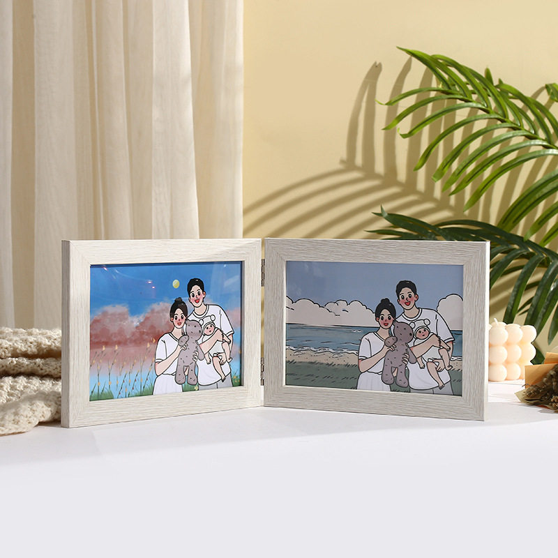 Simple Wooden Folding Two-Panel Horizontal Frame Creative Display Stand for Couple Photos 6inch Photo Studio Frame Decoration Wholesale