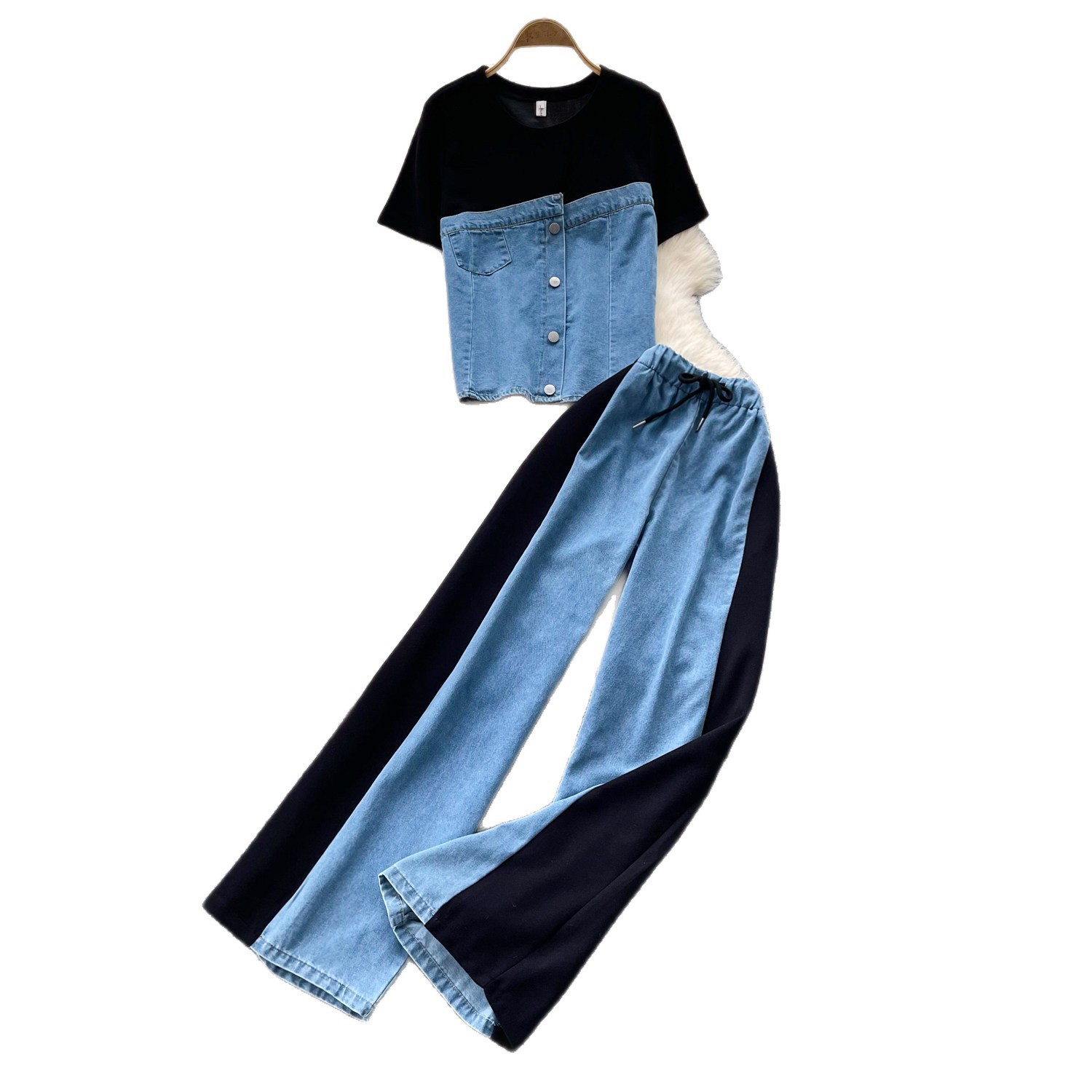 Retro Style Two Piece Set High Waist Wide Leg Pants Relaxed Fit Chic Design Summer Office Wear Wholesale Available