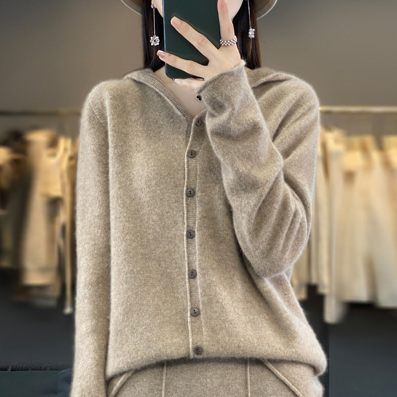 澳洲美丽诺100纯羊毛针织衫女一线成衣无缝连帽开衫羊绒毛衣外套