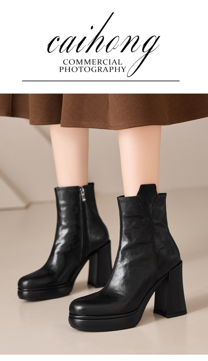 Boot nữ cổ thấp gót thô 10cm khoá kéo bên hông, da bò vân mềm phong cách Anh — Lớp lót đơn màu đen, Lớp lót đơn màu nâu, Lót nhung đen, Lót nhung màu nâu