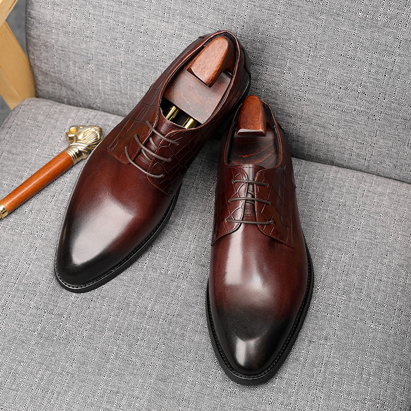 Giày Derby nam da bò mũi tròn phong cách công sở lịch lãm — Màu đen, Màu đỏ rượu