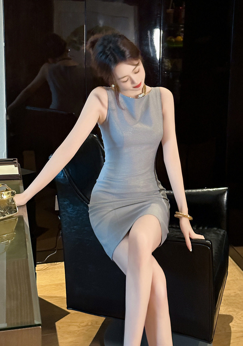 Đầm ôm body nữ không tay phong cách Pháp, cạp cao tôn dáng — [Xám], [Mơ] chi tiết 9