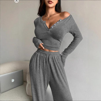 2025 New Spring and Autum Short Slim V-Neck Buttoned Long-Sleeved T-Shirt Bottoming Shirt Wide-Leg Pants Pants Suit European and American