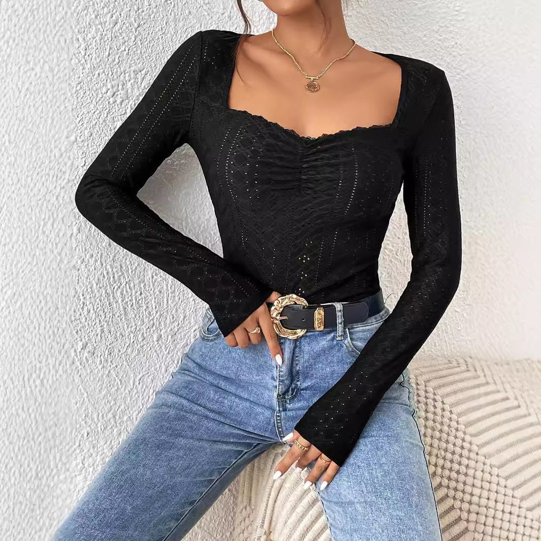 Womens Basic Fashion T Shirt Simple Design Square Neck Long Sleeve Lace Trim Solid Color Spring Summer Wear