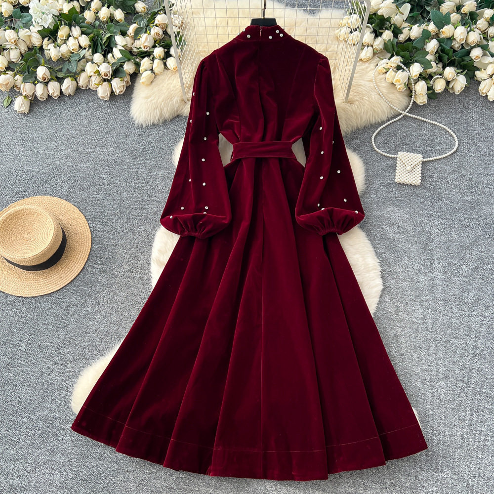 Vintage French Style Velvet Dress High End Embellishments Lantern Sleeves Waist Tie Button Closure Elegant Evening