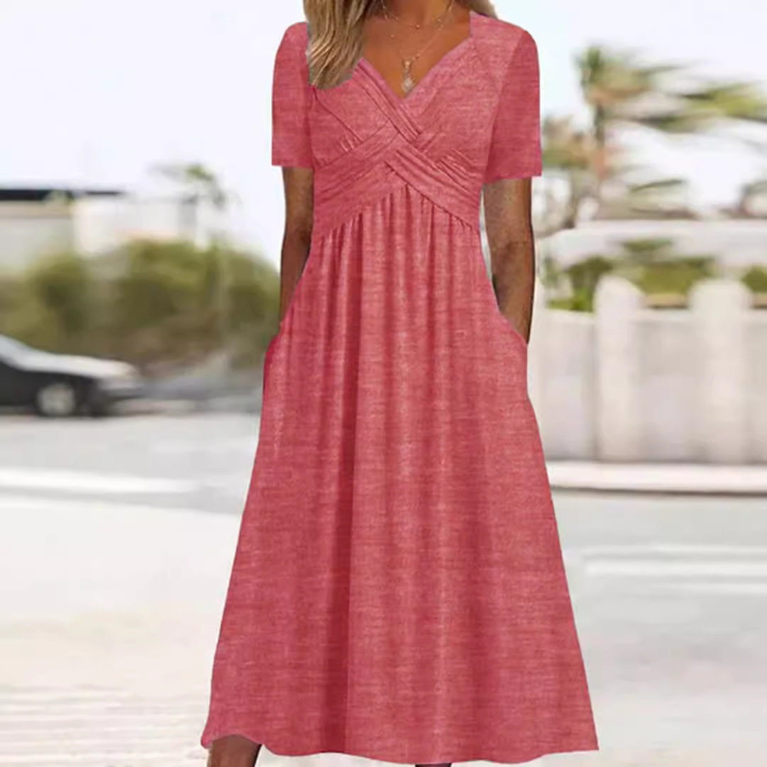Womens Solid Color V Neck Short Sleeve Dress Trendy Design Comfortable Fabric Perfect for Fall Wholesale Available