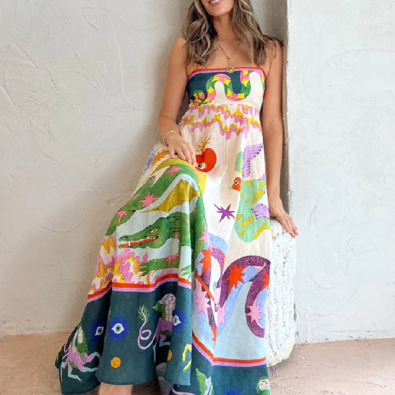 Loose Fit Art Print Off Shoulder High Waist Maxi Dress Spring Collection for Women Stylish Casual Wear Wholesale