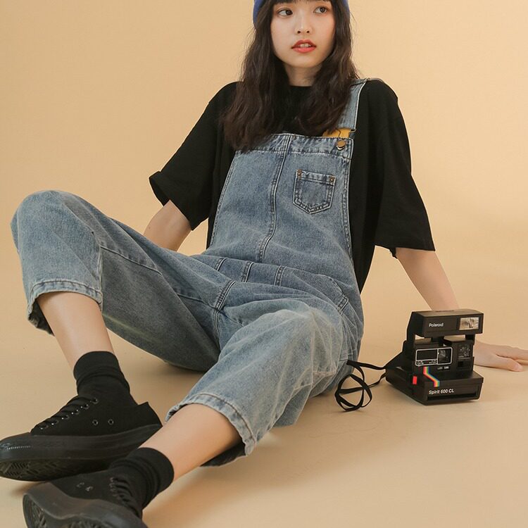 Womens Vintage Denim Overalls Loose Fit Korean Style 3 4 Length Casual Spring and Autumn Wear Wholesale Available