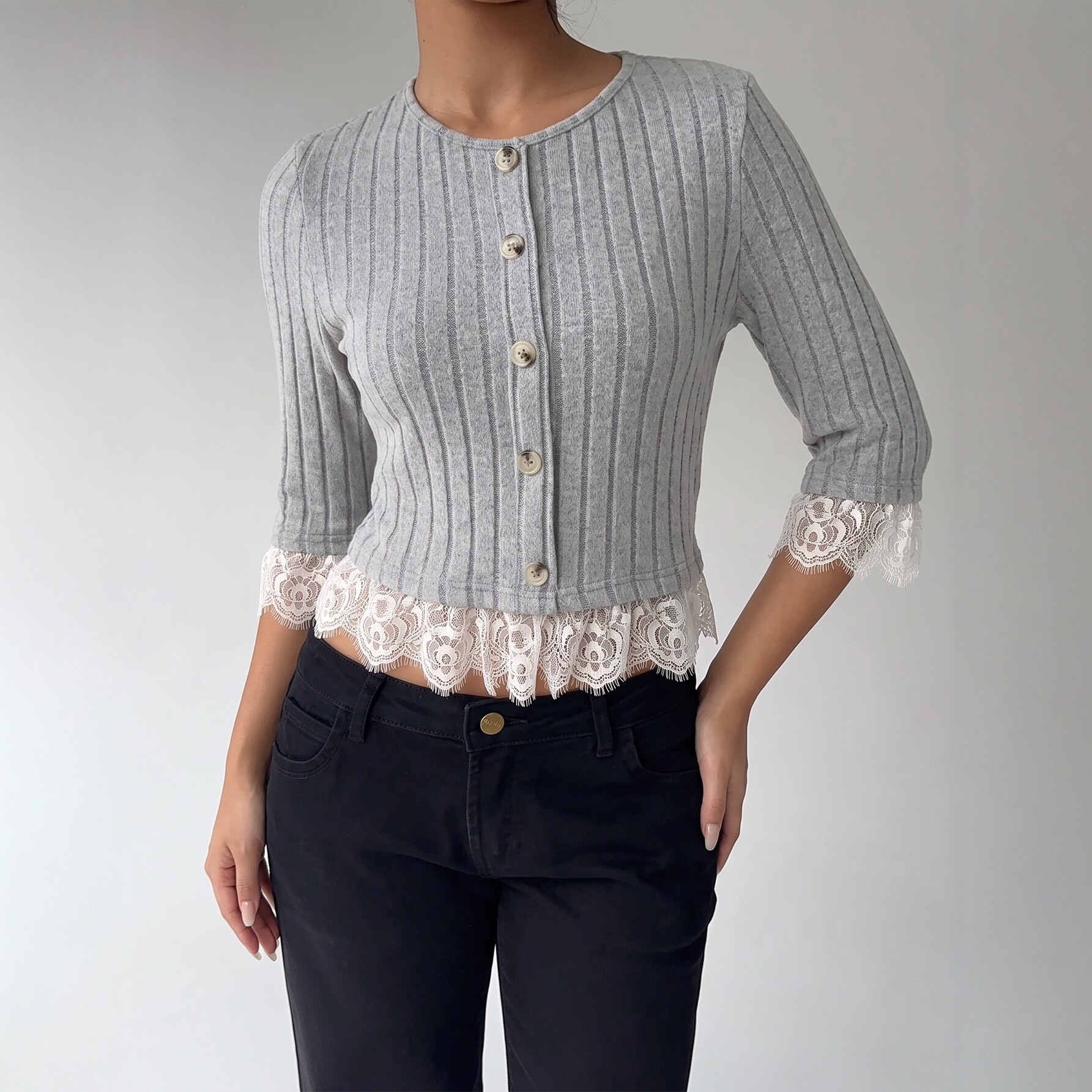 Gray Knit Top for Women Lace Panel Slim Fit Versatile Style Perfect for Casual Wear or Layering Wholesale Available