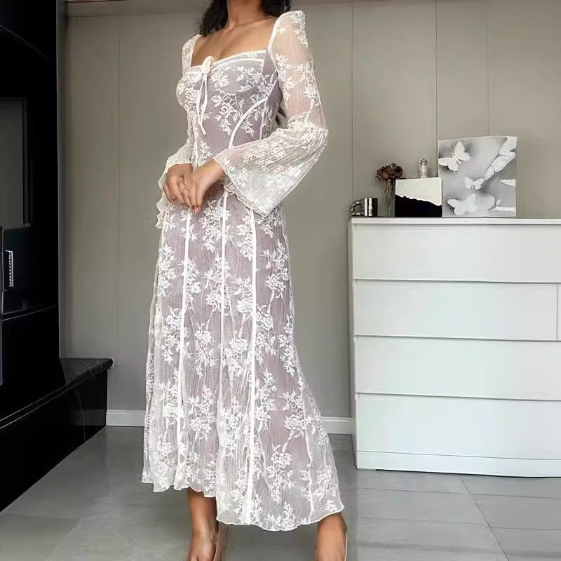 Lace V Neck Hollow Out Dress Elegant Fit Spring Summer Style Slimming Design Wholesale Available