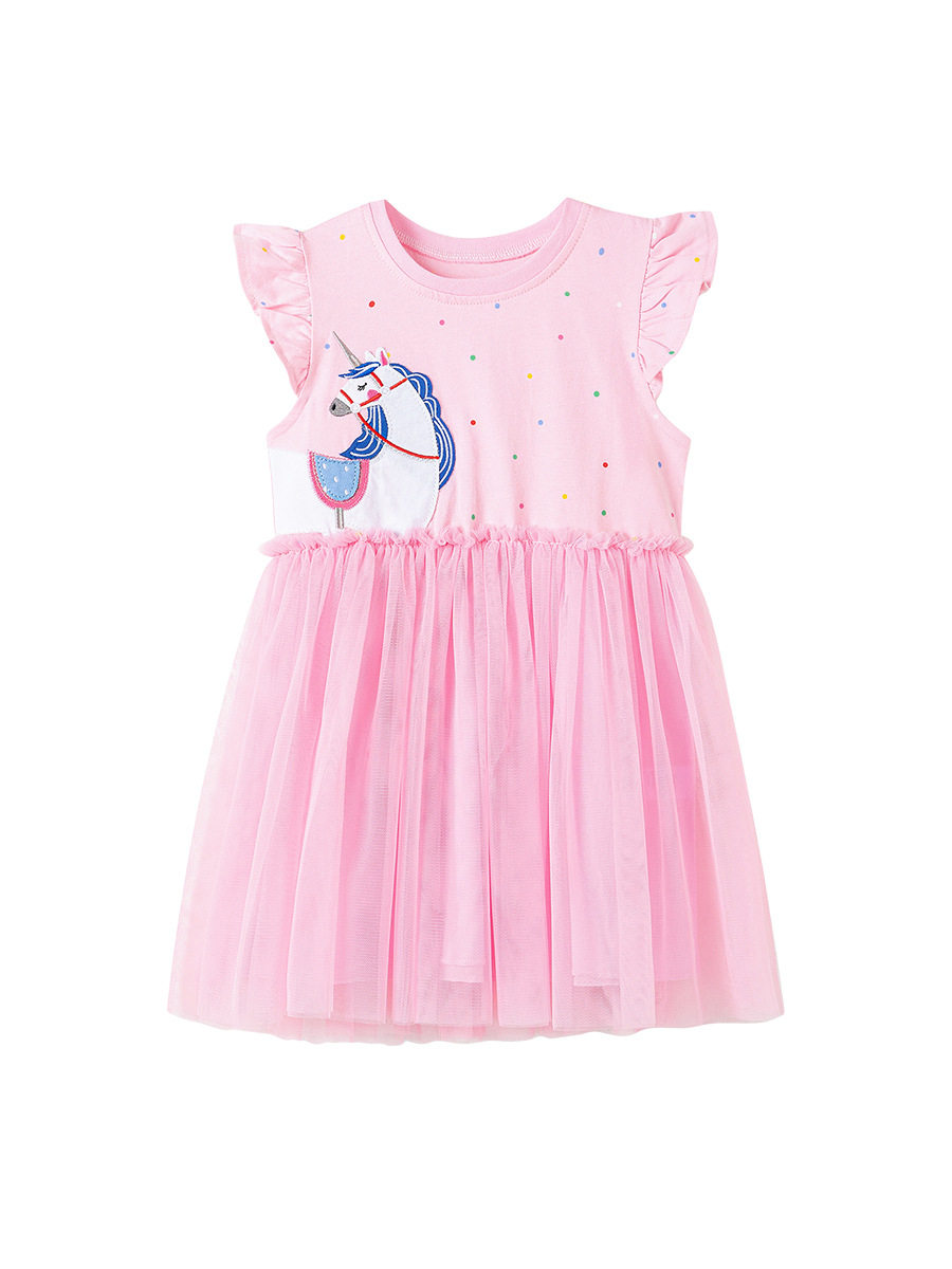 Girls' Tulle Dress, Summer Short-sleeve Kids' Dress, Cartoon Cotton Kids' Dress