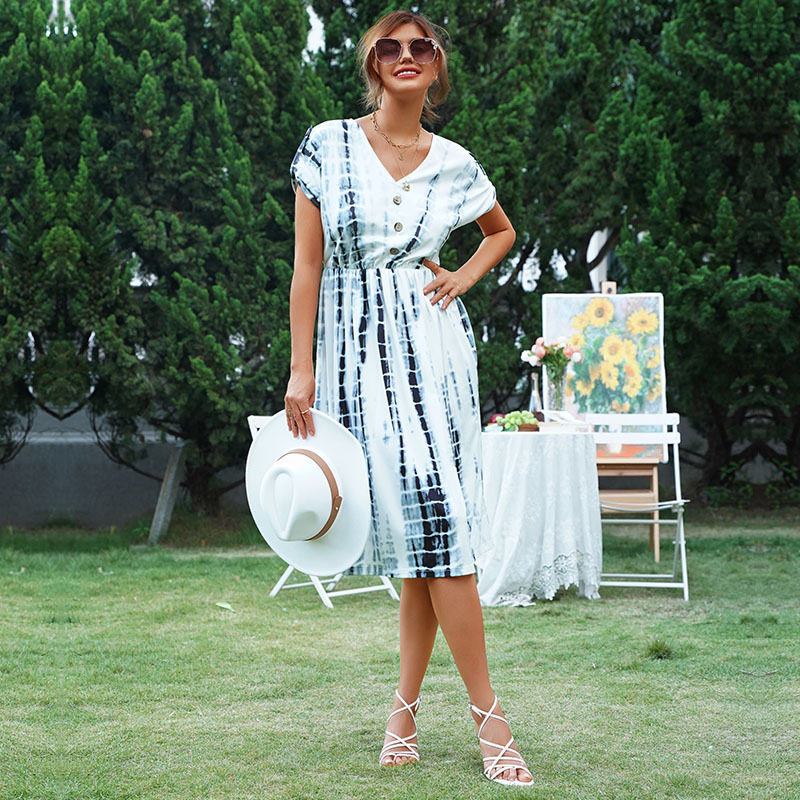Vintage Floral Tie Dye White Dress Summer Style Bohemian Aesthetic Womens Fashion Wholesale Available
