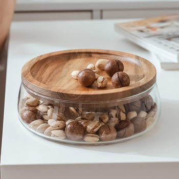 Acacia Wood Nut Fruit Plate Candy Basin Fruit Plate Living Room Coffee Table Double Glass Sealed Jar Household Storage Box