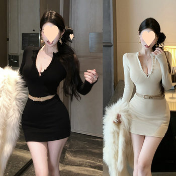 Pure Spice Girl dress Belt Two-piece Suit Long Sleeve Collar Lace Sexy Tight Hip Skirt Spring and Winter