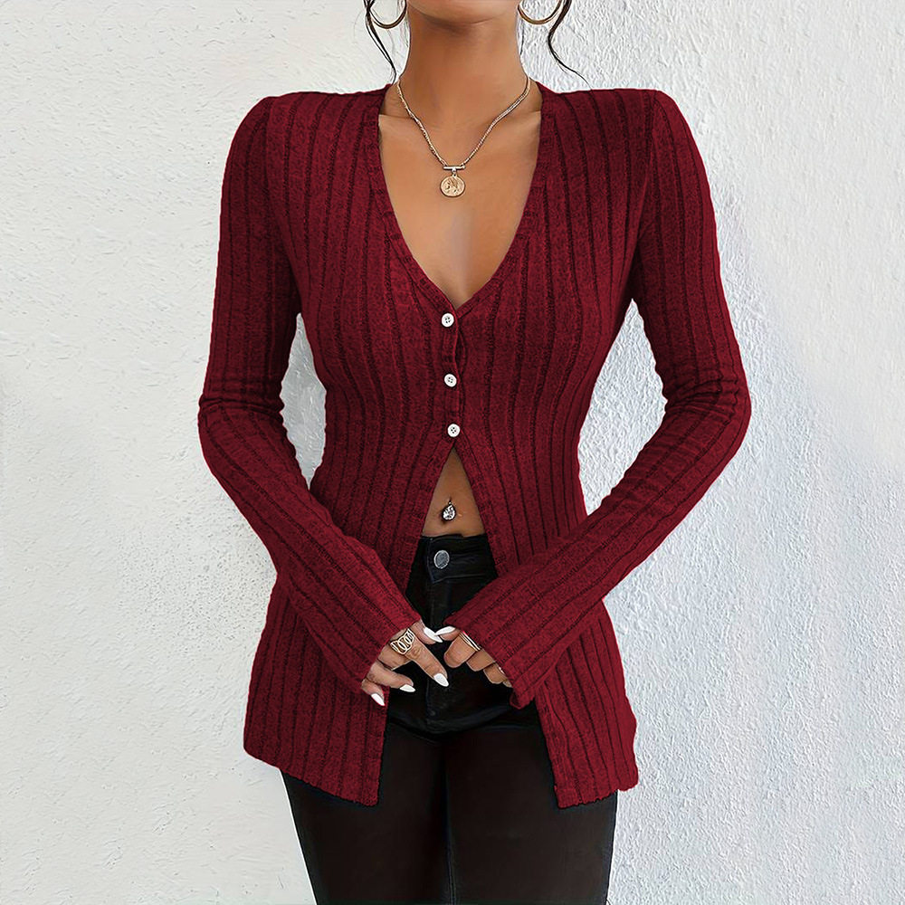 V Neck Long Sleeve Crop Top French Style Sexy Design Spring Summer Fashion Womens Casual Wear Wholesale Available
