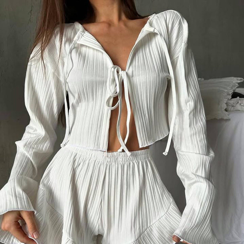 Summer Casual Two Piece Set Loose Fit Cardigan Top with Drawstring and Shorts Comfortable Home Wear Wholesale Available