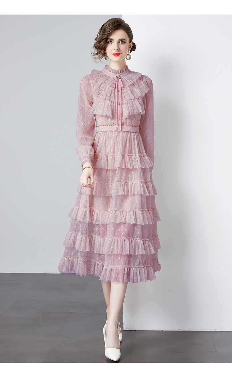Elegant Long Sleeve A Line Dress High End Lightweight Fabric Waist Defining Sheer Mesh Cake Style Perfect for
