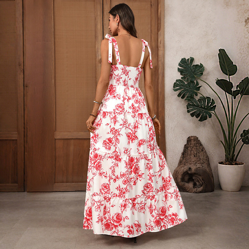 French Vacation Style Maxi Dress Vintage Floral Print Sleeveless Flowy Design Perfect for Summer Events Wholesale