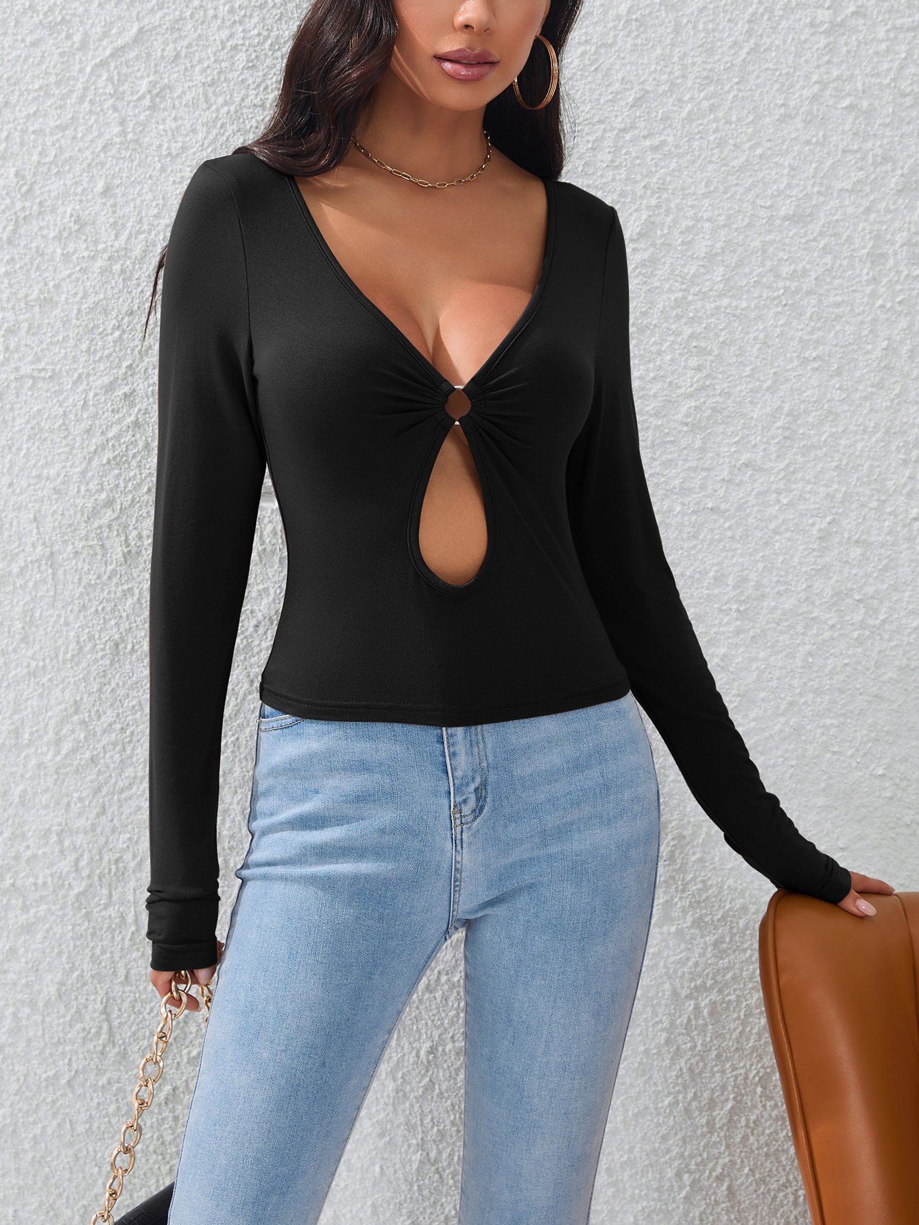 V Neck Hollow Out Long Sleeve T Shirt Slim Fit Solid Color Casual Style Perfect for Everyday Wear Wholesale