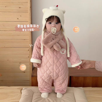 Baby Bib Romper with Left and Right Design, Winter Thickened Newborn Clothing, Super Cute Cartoon Label Jumpsuit for Babies