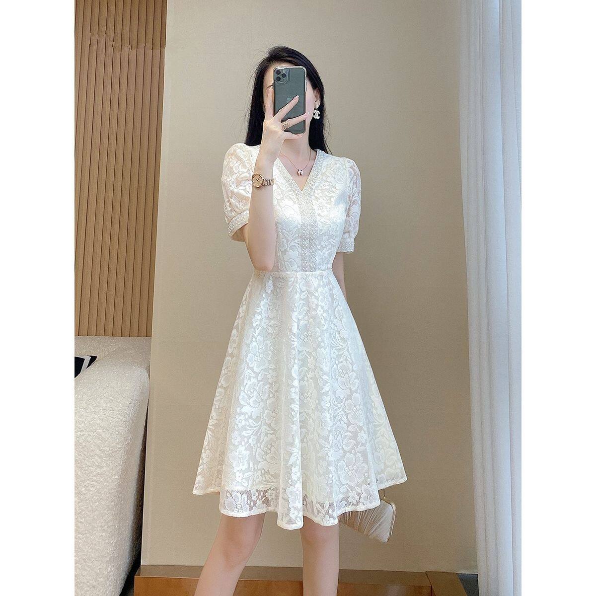 Lace Midi Dress for Women Elegant Fit and Flare Silhouette Summer Casual Wear Available in White and Apricot