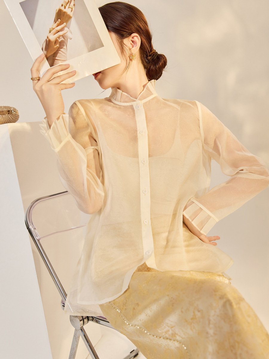 Áo sơ mi nữ lụa tơ tằm cổ đứng dài tay viền bèo gấu — Trắng ngọc trai (giao hàng trong 7 ngày), Trắng ngọc trai (giao hàng trong ngày)