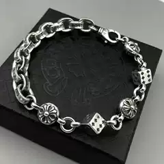 Retro Silver Personalized Letter Bracelet for Men and Women, Retro Thai Silver Chain Cross Dice Cross Chain Bracelet