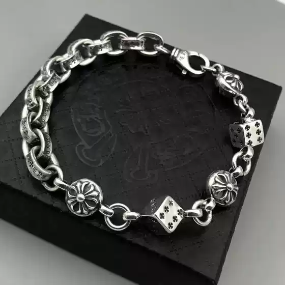 Retro Silver Personalized Letter Bracelet for Men and Women, Retro Thai Silver Chain Cross Dice Cross Chain Bracelet