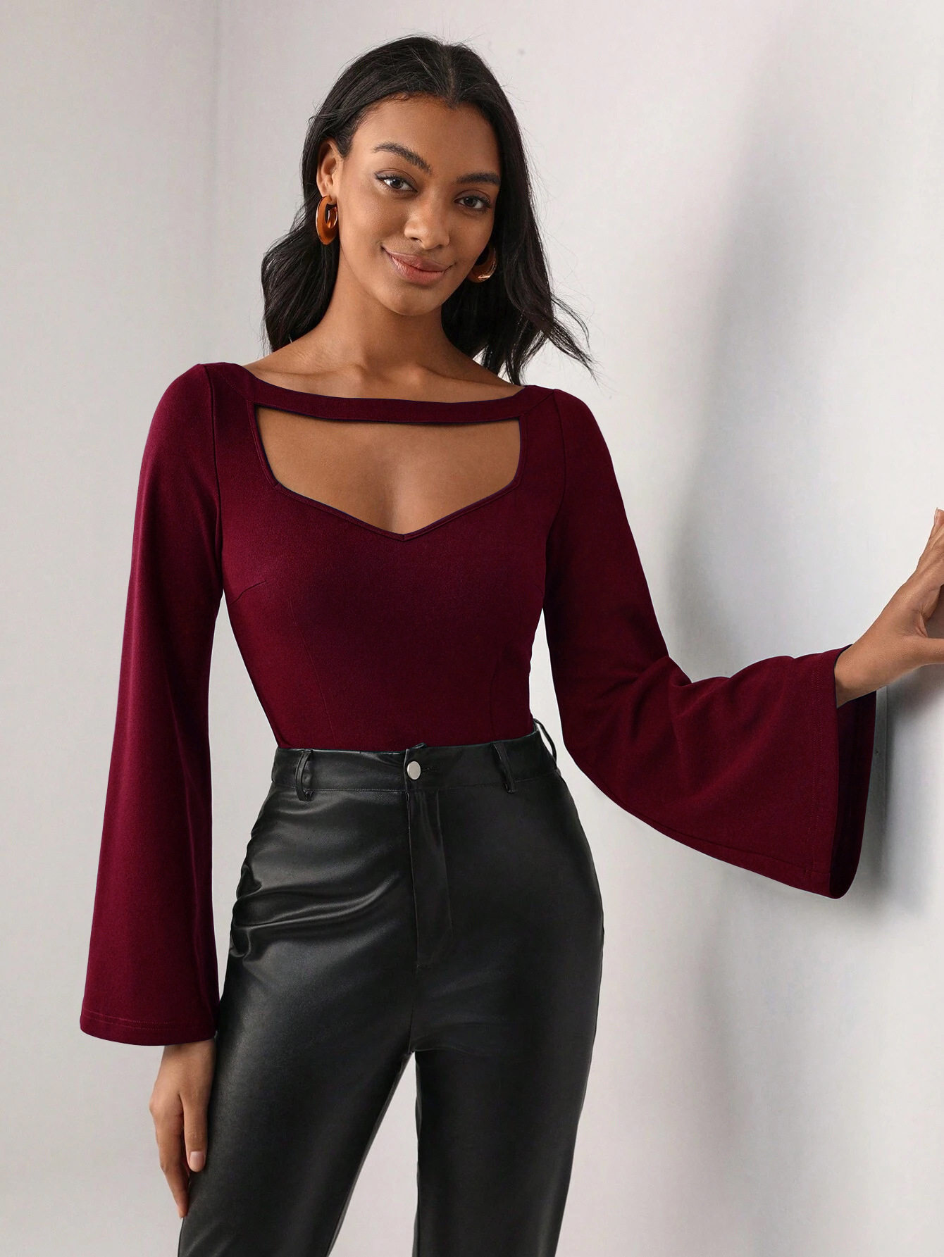 Bell Sleeve Top Hollow Design Slim Fit Elegant Style Perfect for Office Wear Wholesale Available