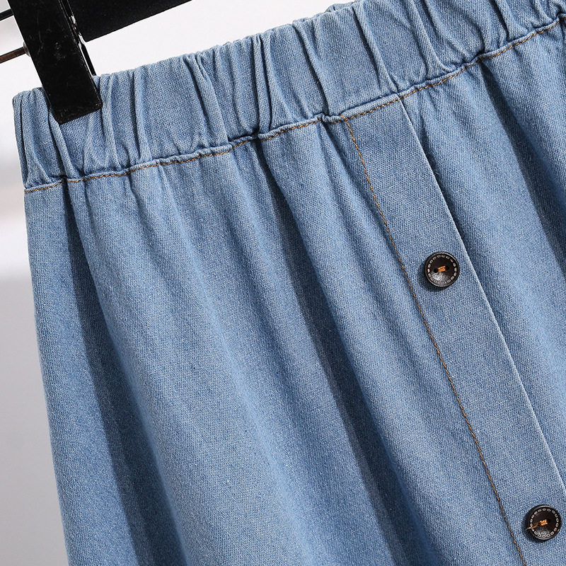 Summer Denim Skirt Button Front Elastic Waist Water Blue Casual Street Style for Students Wholesale Available
