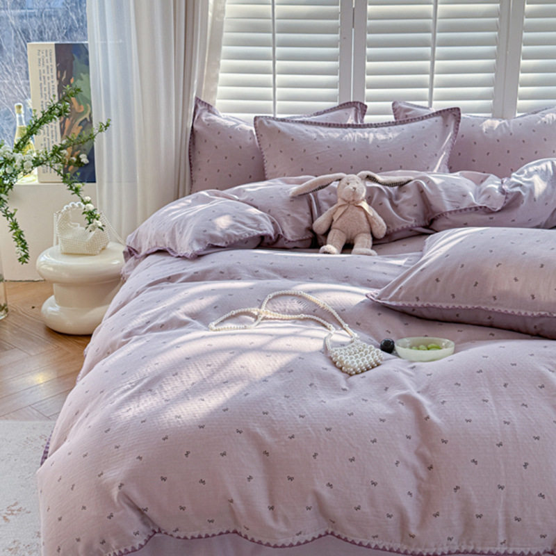 Small fresh class a cotton double-layer yarn bed four-piece set ins dormitory cotton quilt cover bed sheet shell edge four-piece set