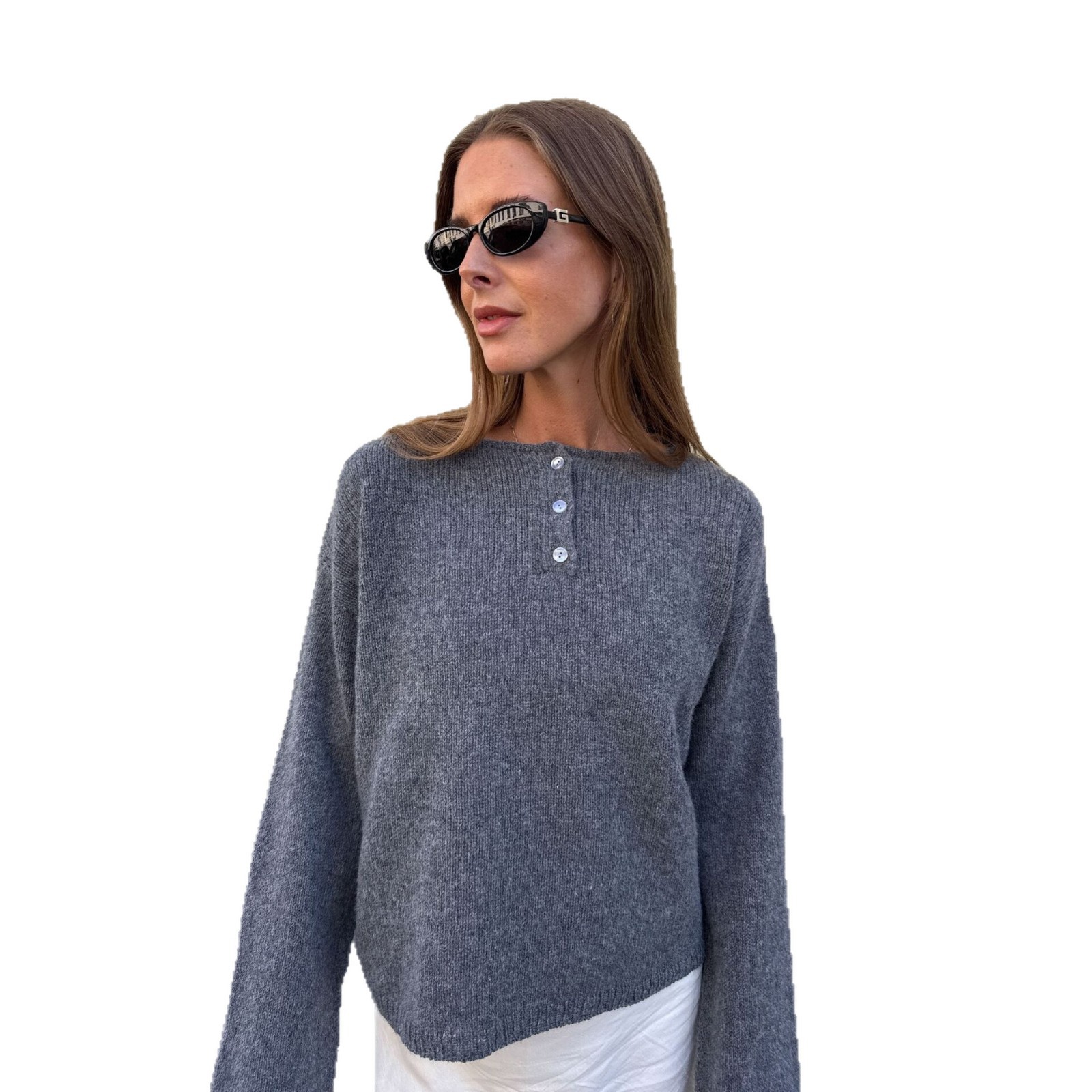 Womens Oversized Knit Sweater Round Neck Button Detail Long Sleeve Solid Color Casual Autumn Winter Top OEM