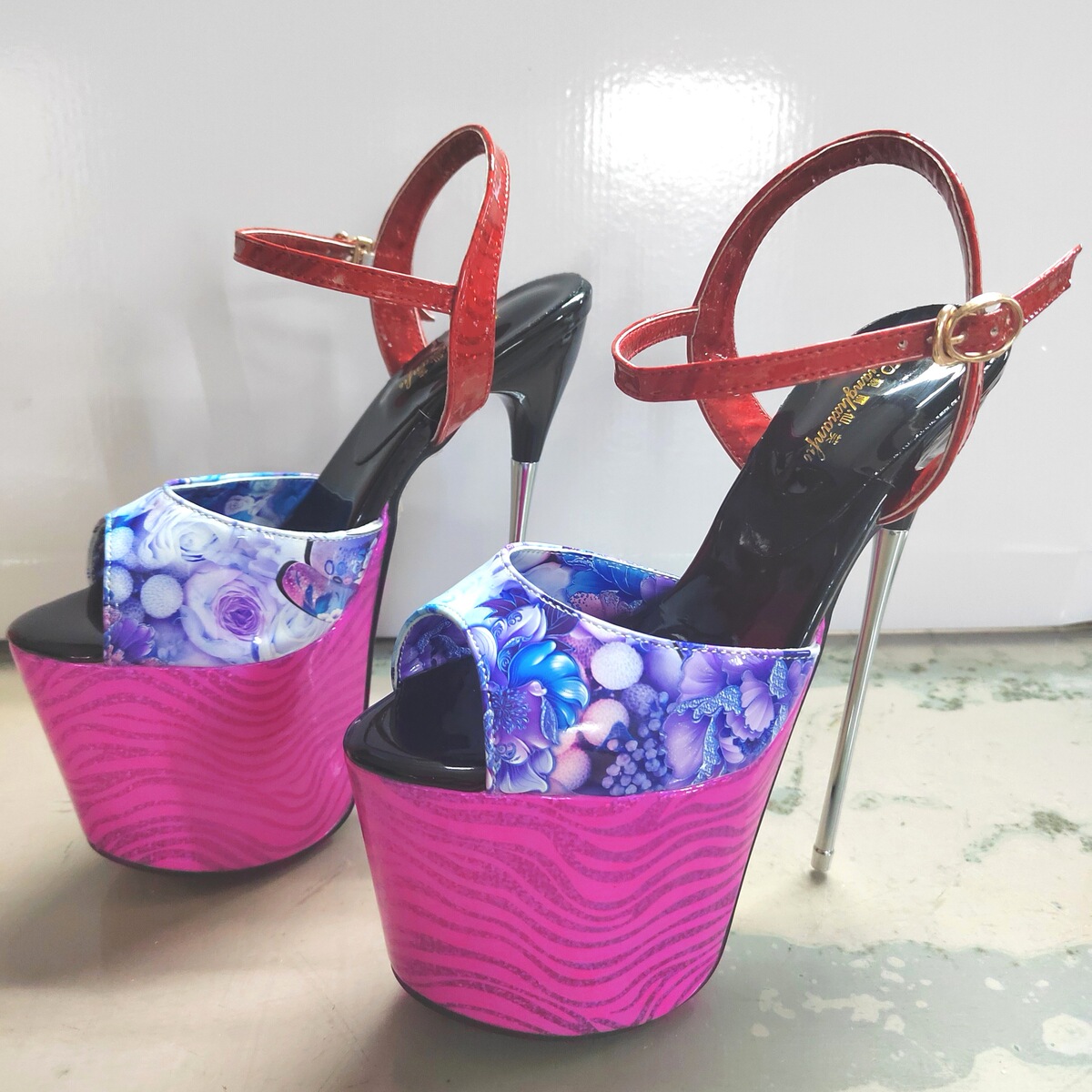 Giày cao gót nữ gót nhọn 19cm mũi tròn phối màu da báo — Bạc, Đỏ, Hoa hồng, Họa tiết da báo nguyên chất
