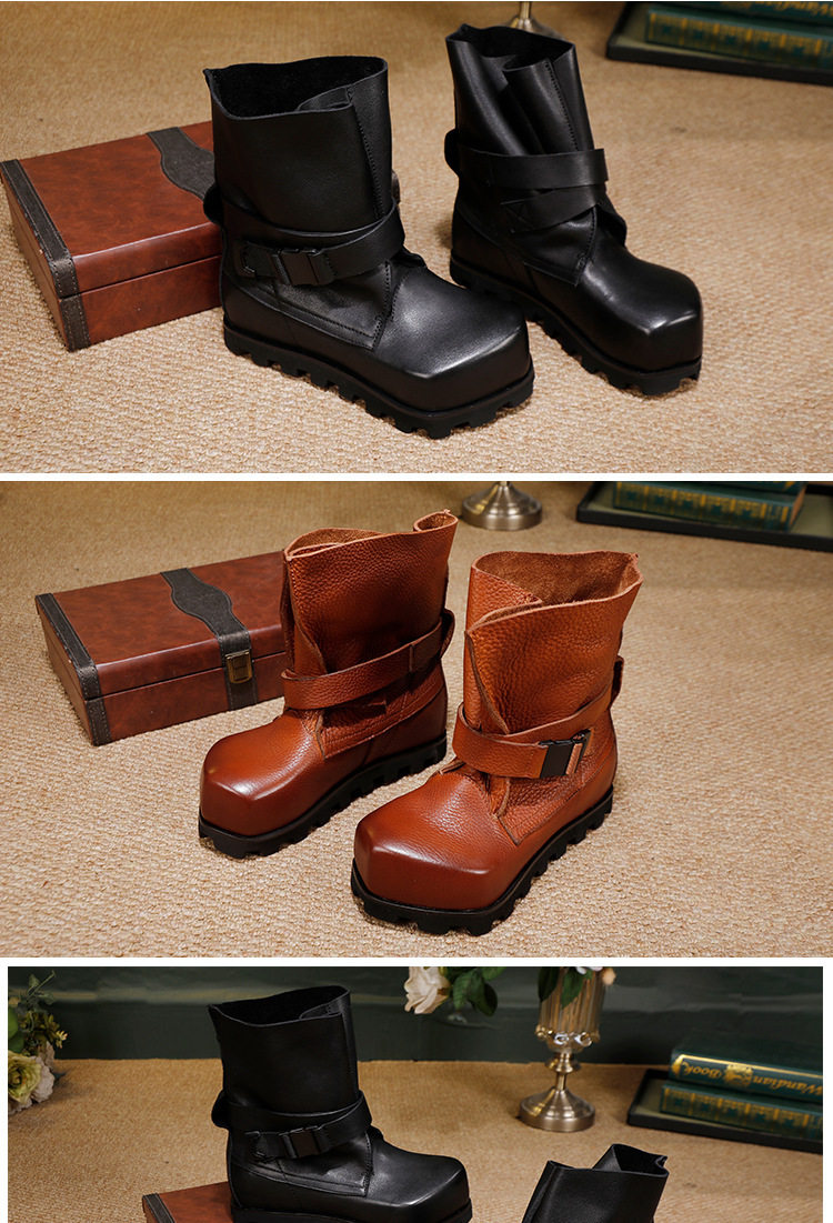Boot nữ cổ ngắn da bò thật phong cách cổ điển — đen, màu nâu