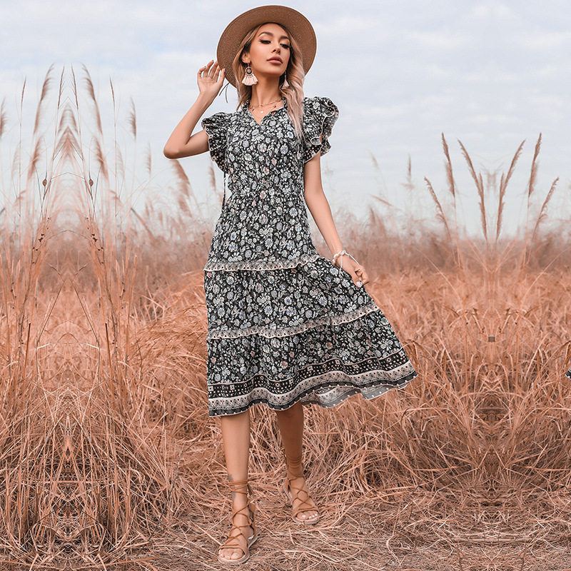 Vintage Floral Ruffle Hem Dress Slim Fit Bohemian Style Summer Wear Available for Wholesale OEM ODM service