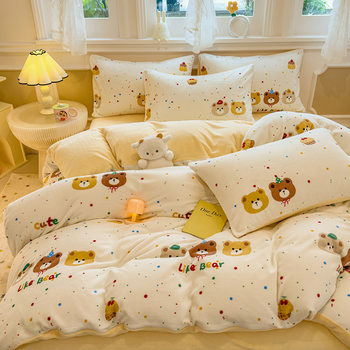 Winter thickened milk velvet four-piece coral velvet bed sheet flannel quilt cover bed three-piece set rolled cat feeling bed hat