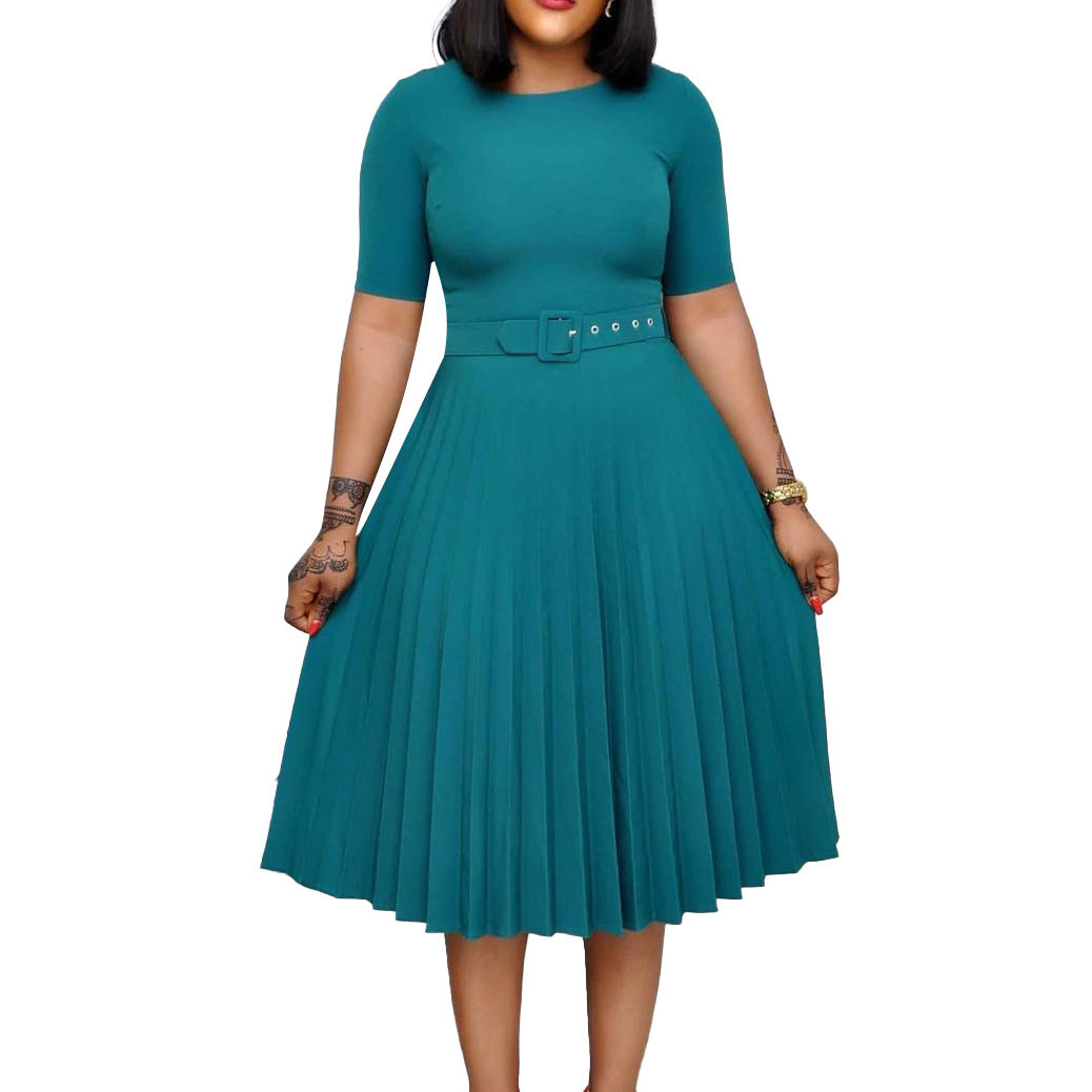 Pleated Midi Dress Round Neck Plus Size Elegant Design Perfect for Casual or Formal Occasions Wholesale Available