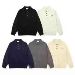 2026Cs Sweater with Polo Collar, Autumn and Winter Large Heart Jacquard, Loose and Soft, Unisex Couple's Long-Sleeve Knitwear