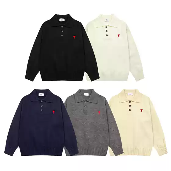 2026Cs Sweater with Polo Collar, Autumn and Winter Large Heart Jacquard, Loose and Soft, Unisex Couple's Long-Sleeve Knitwear