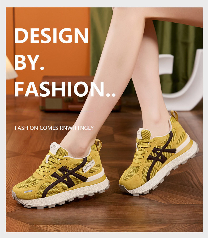 Giày sneaker nữ chunky đế dày lưới thoáng khí, tăng chiều cao — Gạo trắng, Vàng, Xanh dương chi tiết 13