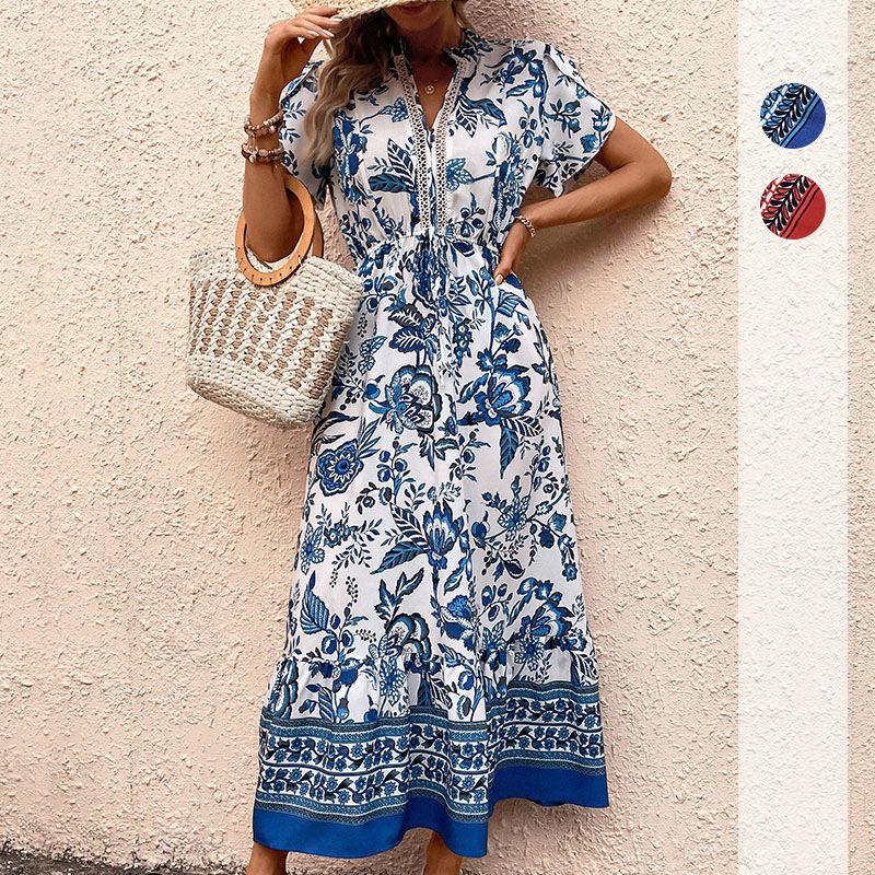 Vintage Floral Print Maxi Dress Slim Fit Blue Color Casual Style Perfect for Vacation Wholesale Available
