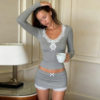 French Pure Lust Lace Bow Long-Sleeved T-Shirt + Skirt Pants Tight-Fitting Slimming Look Sexy Home Casual Two-Piece Set