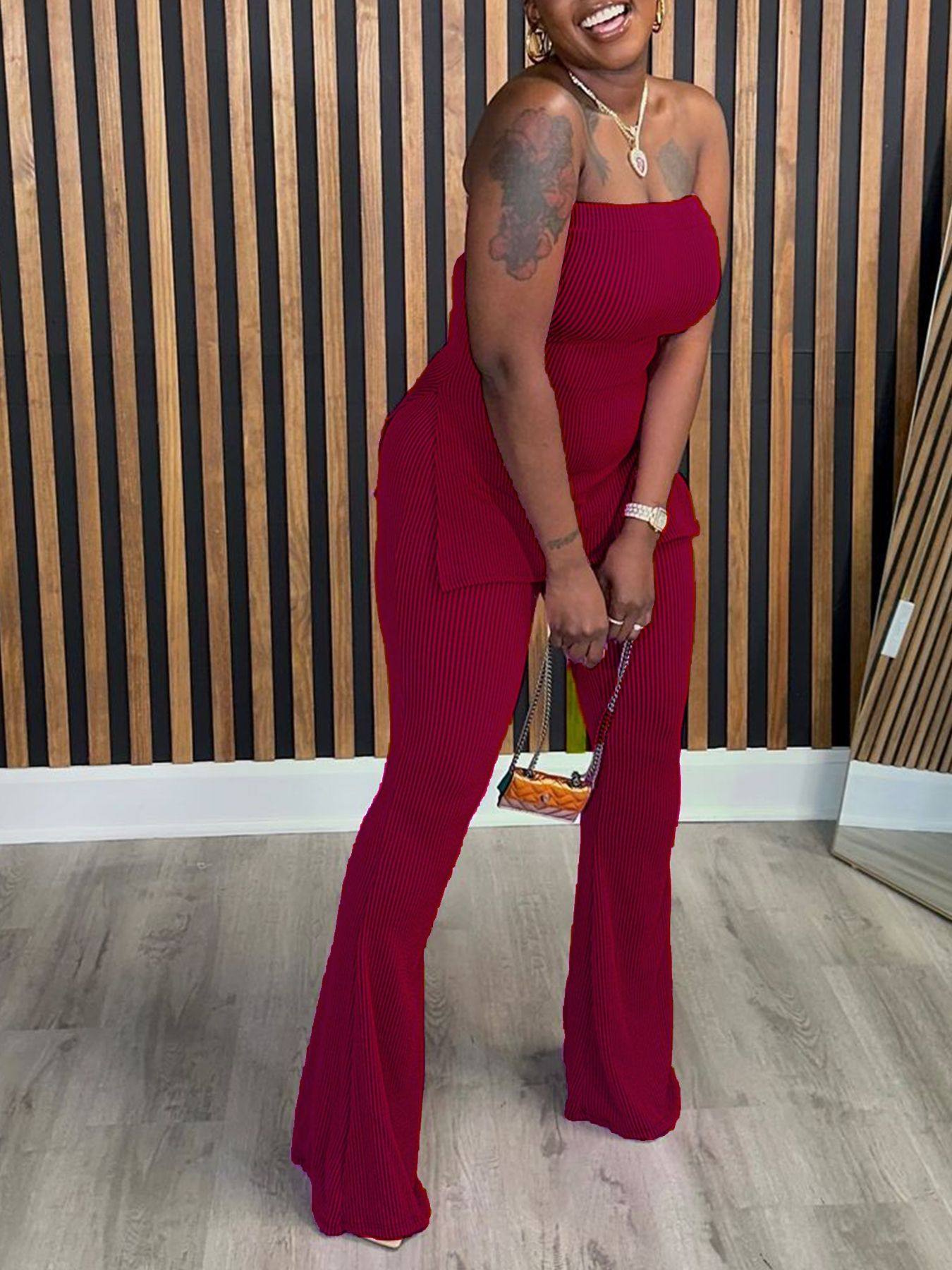 31359 Strapless European and American New Slim-fit Sexy Solid Color Women's Two-piece Set