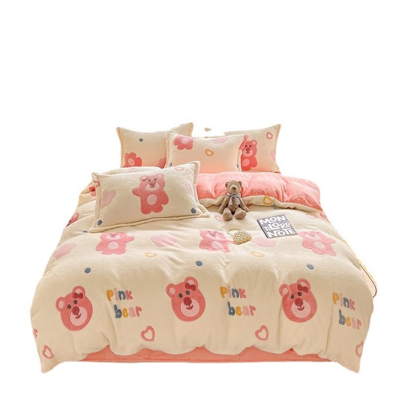 Milk Velvet Bed Four-Piece Set Fleece-Lined 3A Type Snowflake Velvet Three-Piece Dormitory Set 5D Carved Velvet Quilt Cover Thickeneded Version