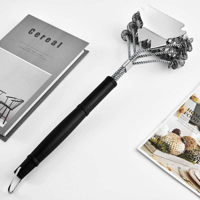 Factory direct three-head long handle BBQ multi-function spring cleaning brush with shovel stainless steel barbecue stove brush