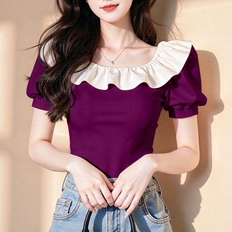 Pink Ruffle Sleeve T Shirt Unique Design Summer Top Casual Wear factory direct