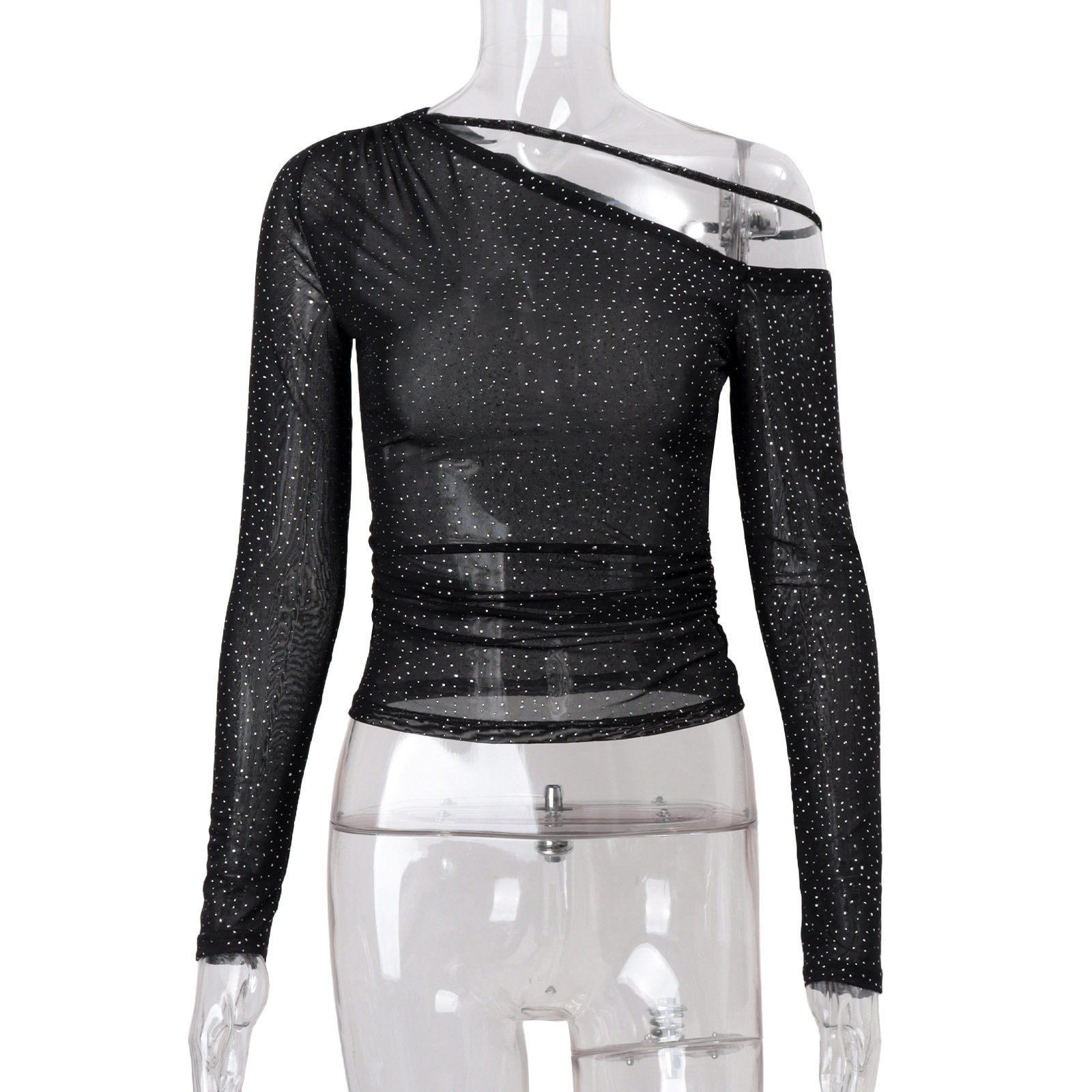 Y2K Style Womens Long Sleeve T Shirt Slim Fit Asymmetrical Shoulder Design Rhinestone Detail Spring Fashion OEM