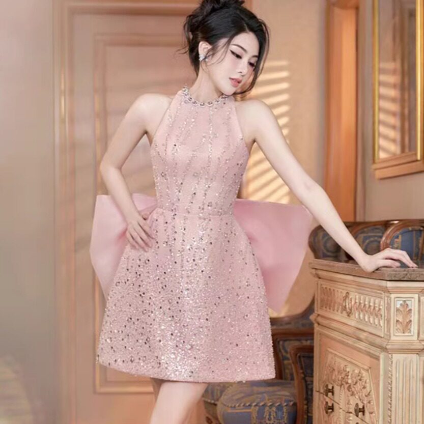 Váy chữ A midi nữ tay không cổ tròn, eo cao, phong cách thanh lịch — Hồng chi tiết 6
