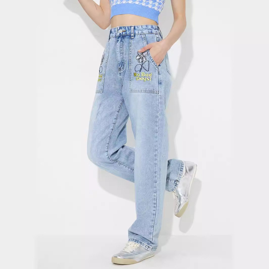 High Waisted Embroidered Wide Leg Jeans Loose Fit Denim Fabric Casual Style Ready to Ship factory direct